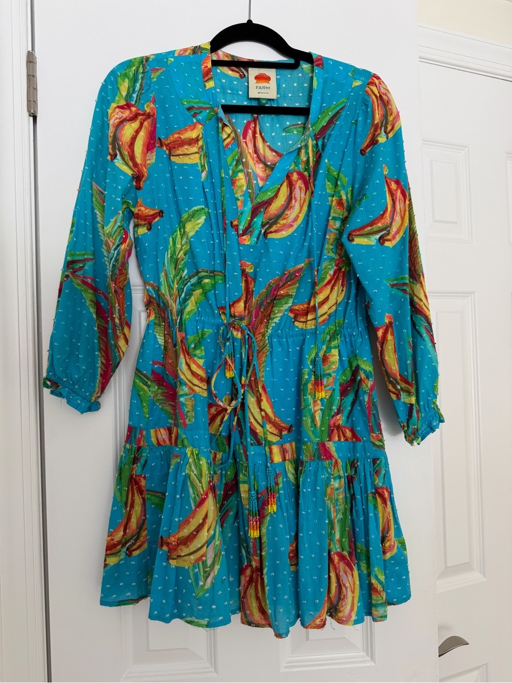 Farm Rio Banana Sky Turquoise Print Tie-Waist Mini Dress